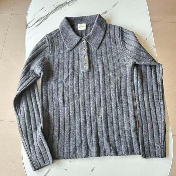 Khaite Gray 100% Wool Polo Collar Ribbed Knit Sweater - Size S - Picture 1 of 5